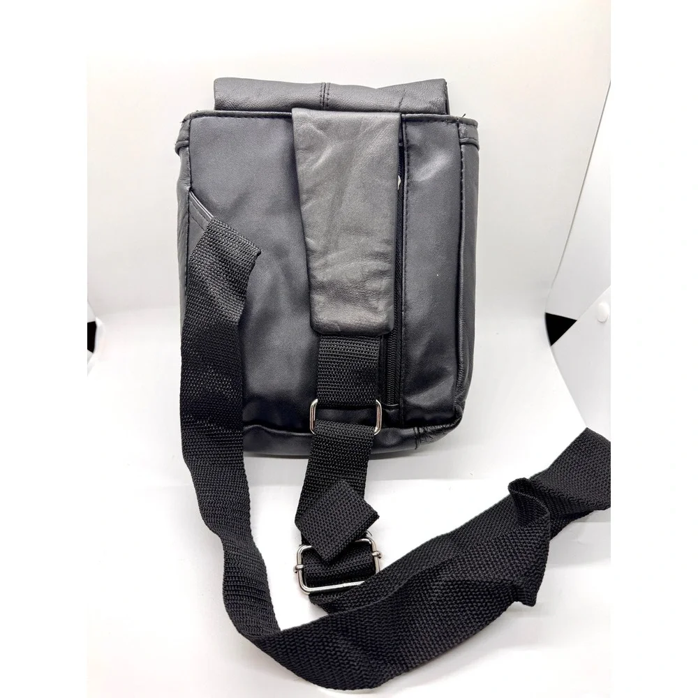 Black Leather Crossbody Sling Bag Multi Pocket Utility Messenger Travel Bag